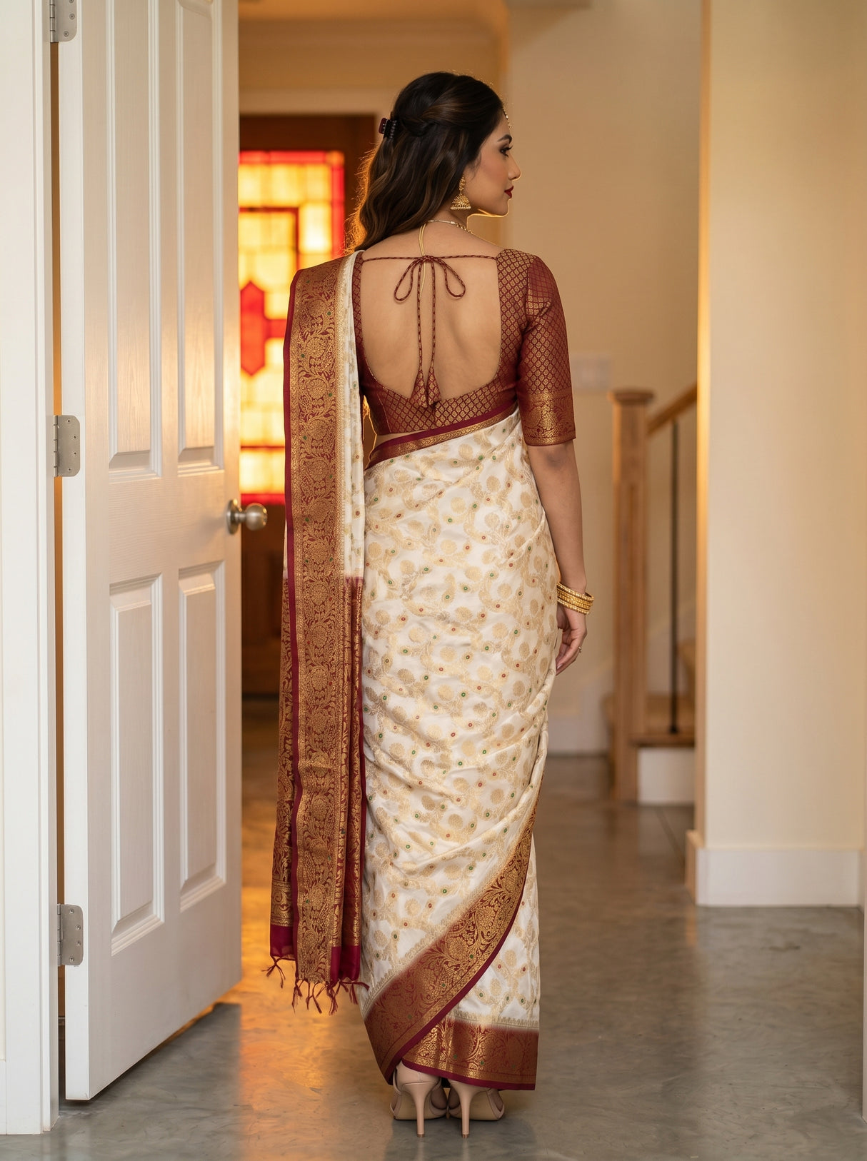 MIMOSA White Kanjivaram Saree — pose 2 styling detail