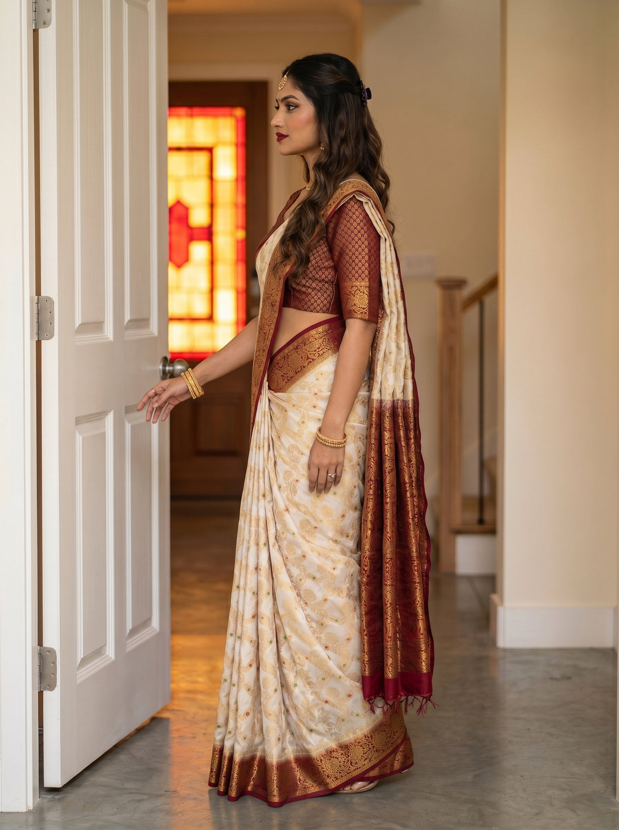 MIMOSA White Kanjivaram Saree — pose 3 styling detail