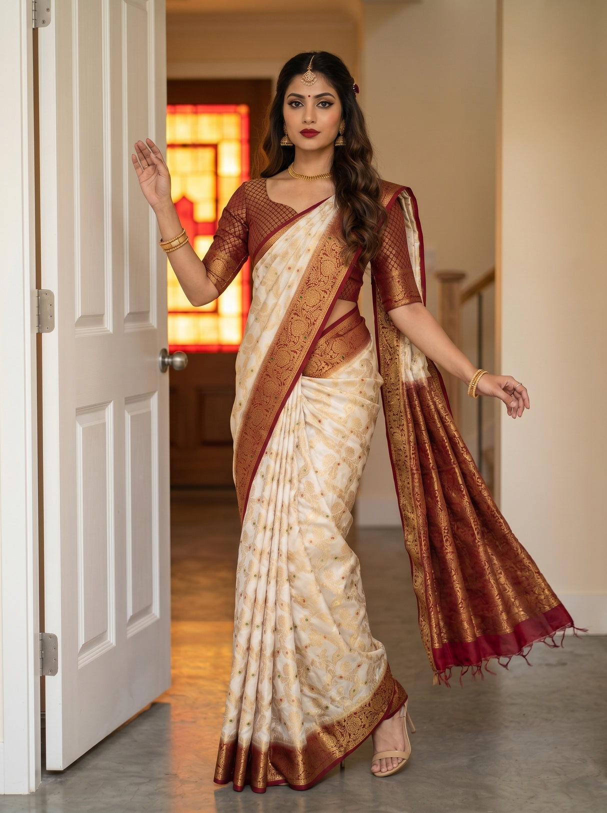 MIMOSA White Kanjivaram Saree — pose 5 styling detail