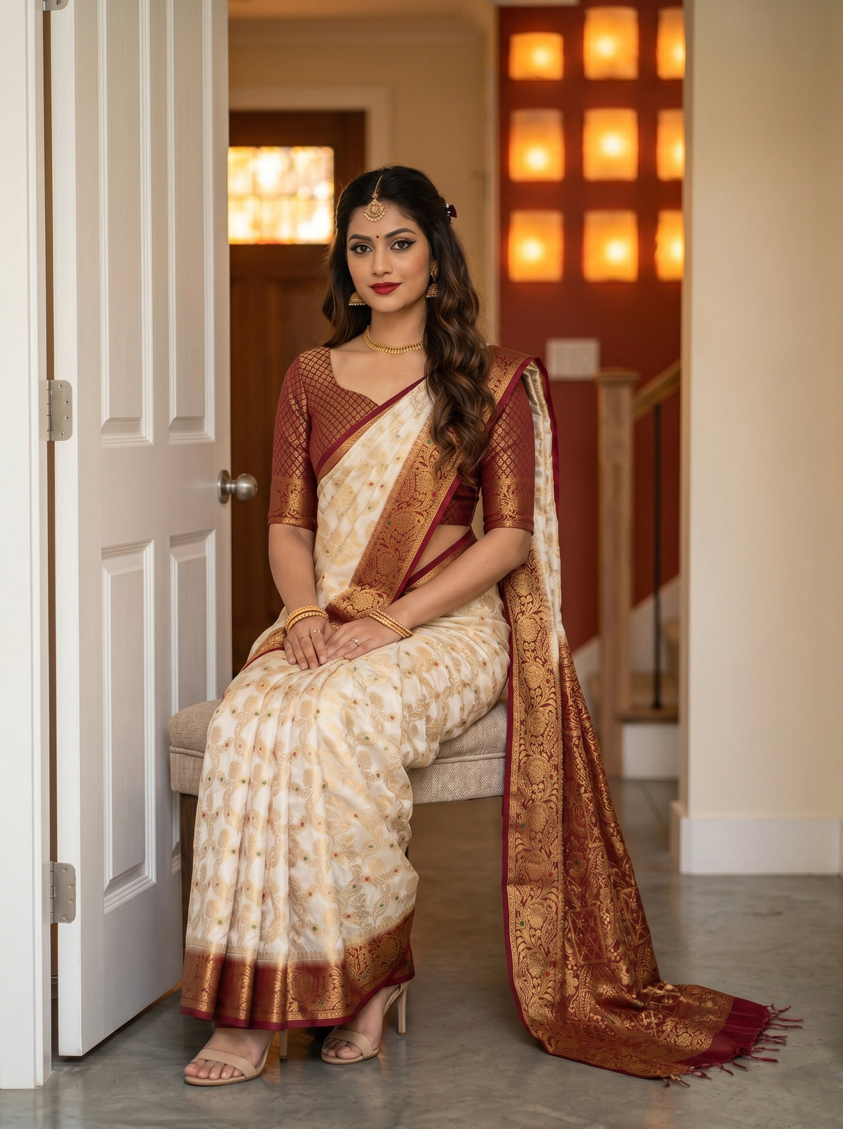 MIMOSA White Kanjivaram Saree — pose 8 styling detail