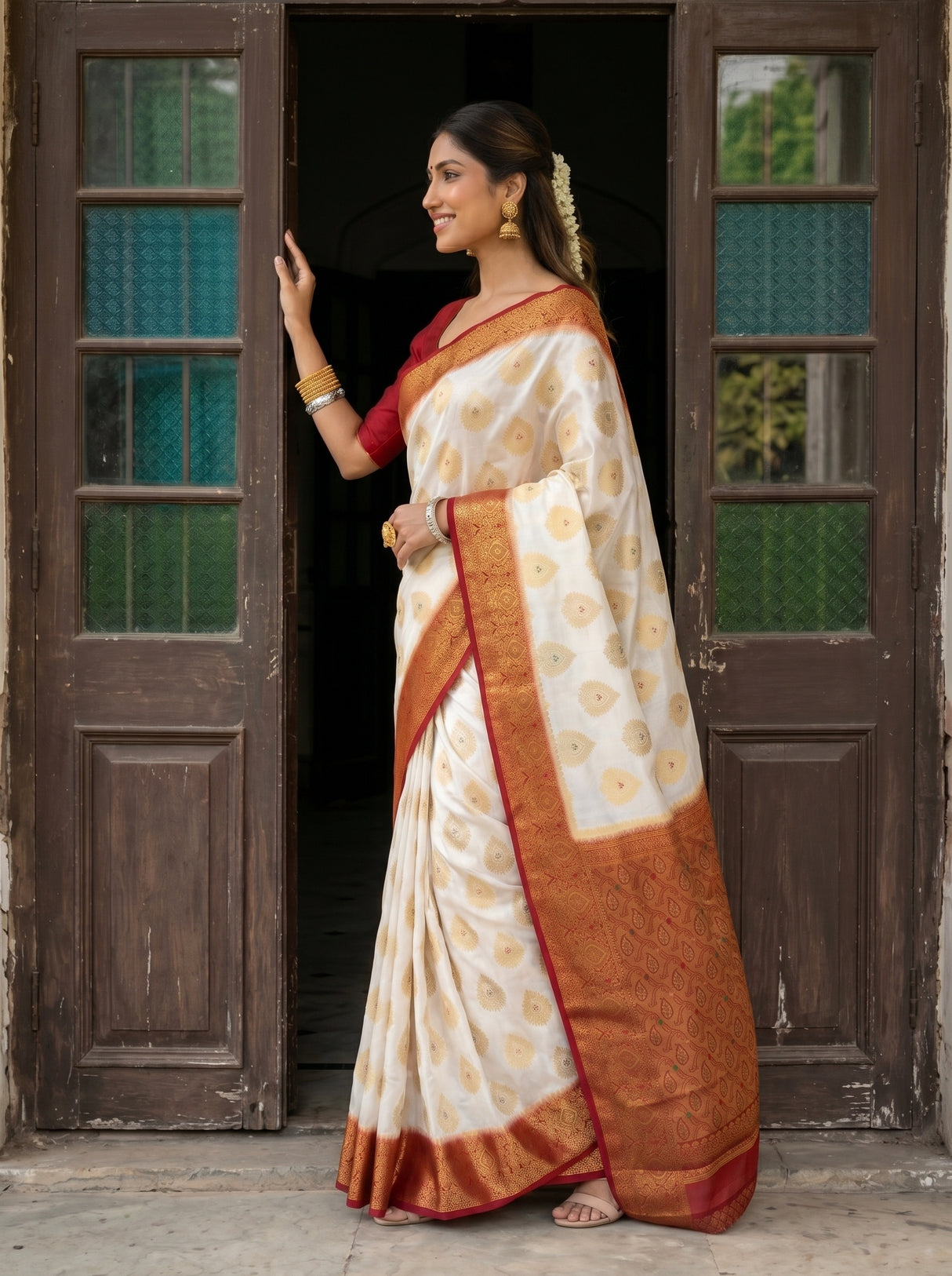 MIMOSA White Kanjivaram Saree — pose 3 styling detail