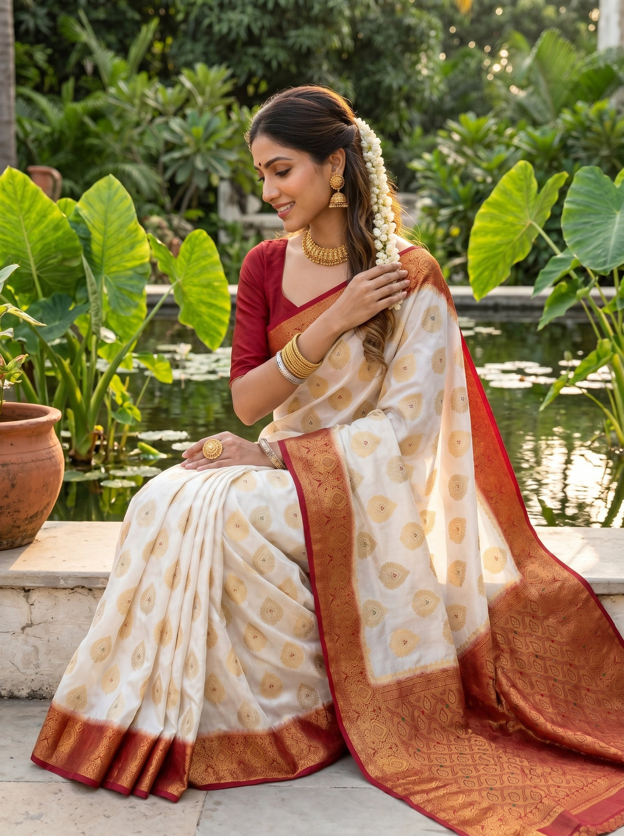MIMOSA White Kanjivaram Saree — pose 8 styling detail
