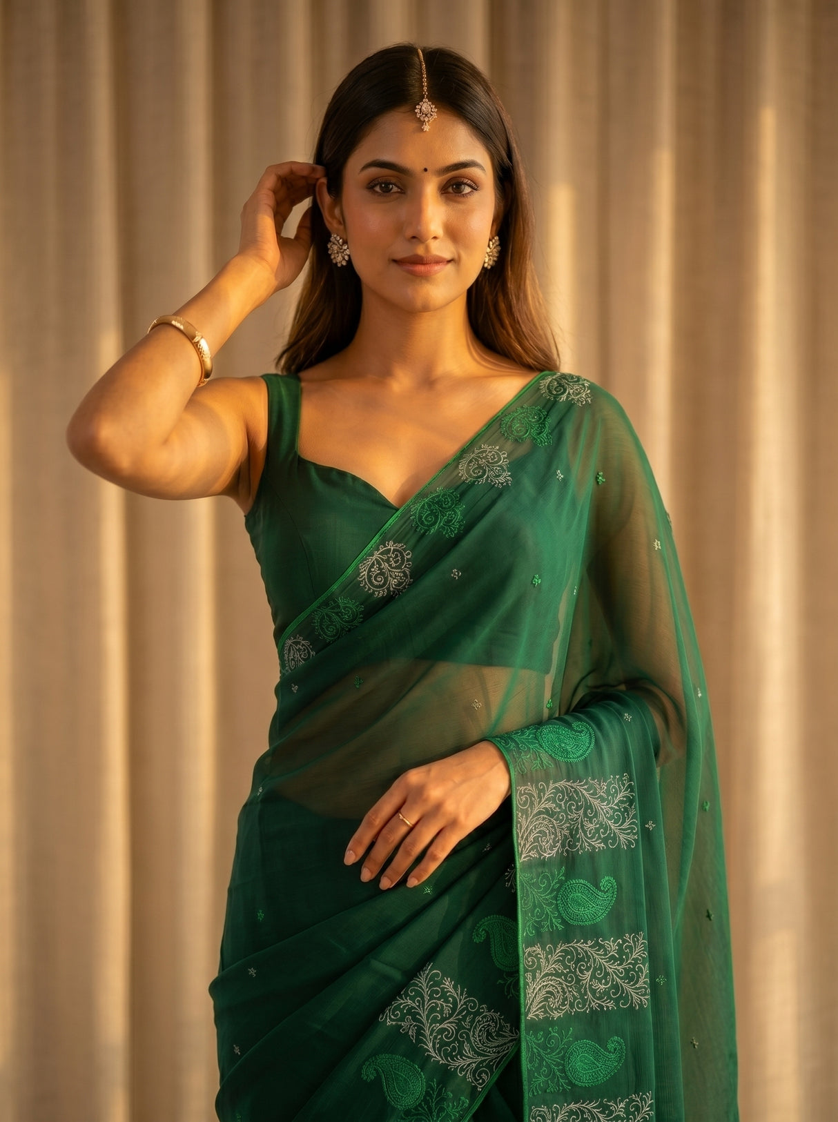 MIMOSA Bottle Green Saree Saree — pose 10 styling detail