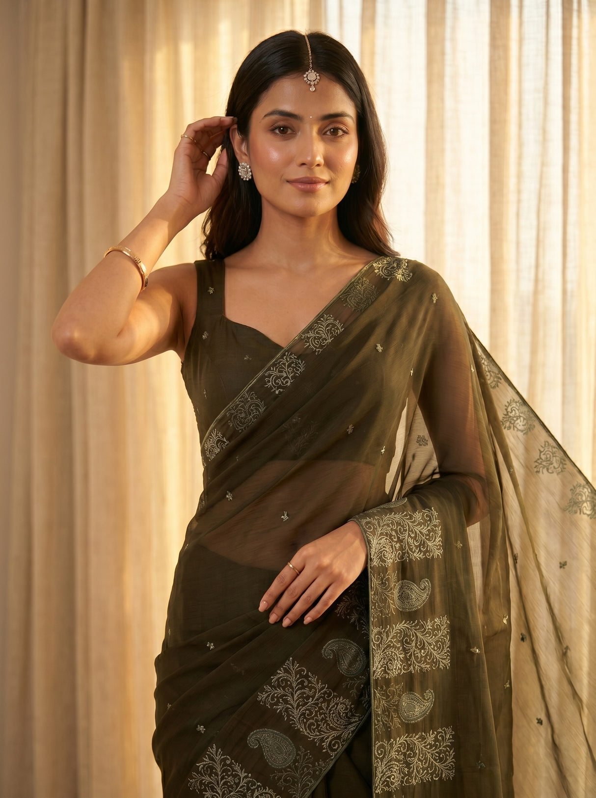 MIMOSA Olive Saree Saree — pose 10 styling detail