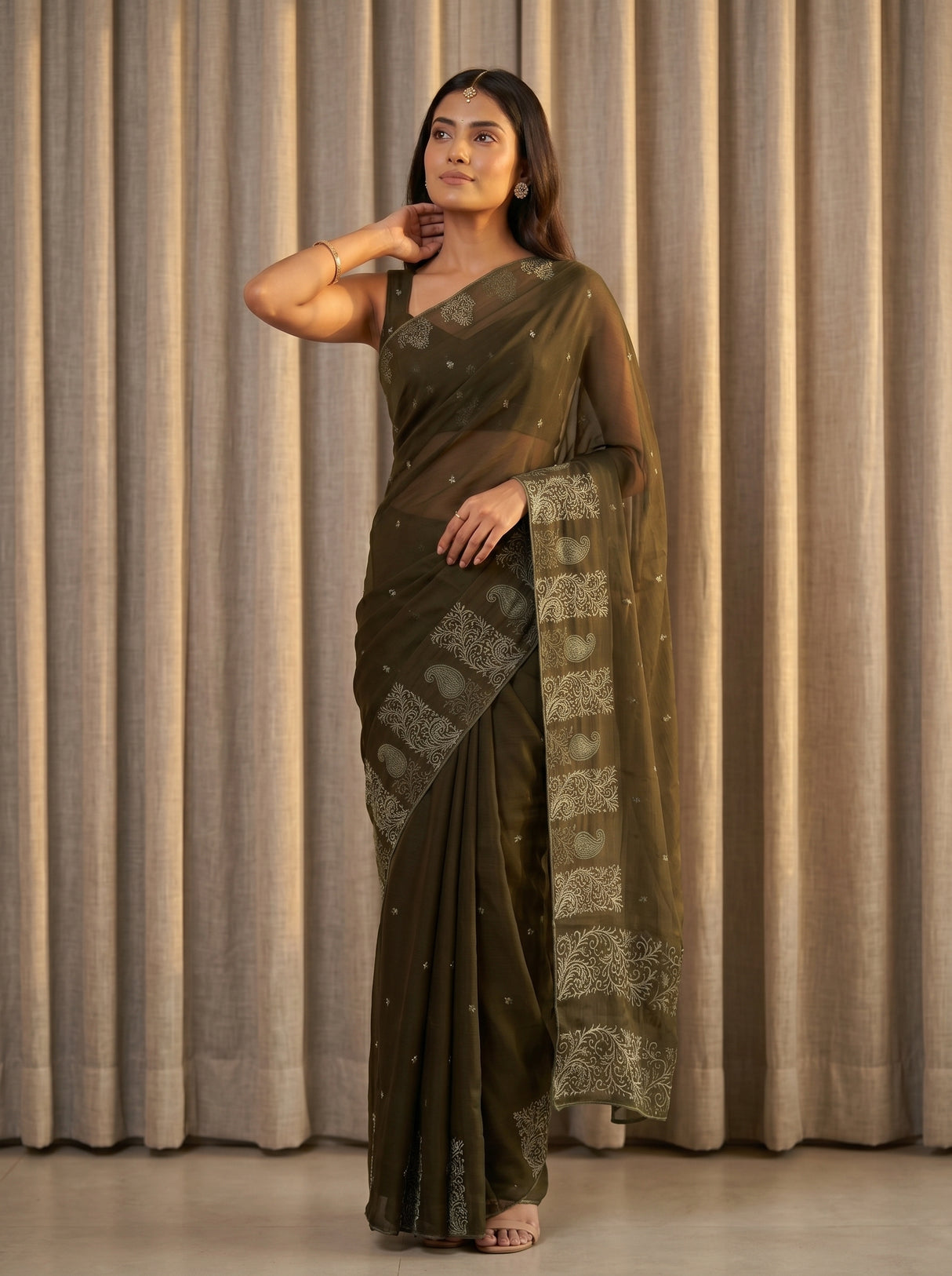 MIMOSA Olive Saree Saree — pose 4 styling detail