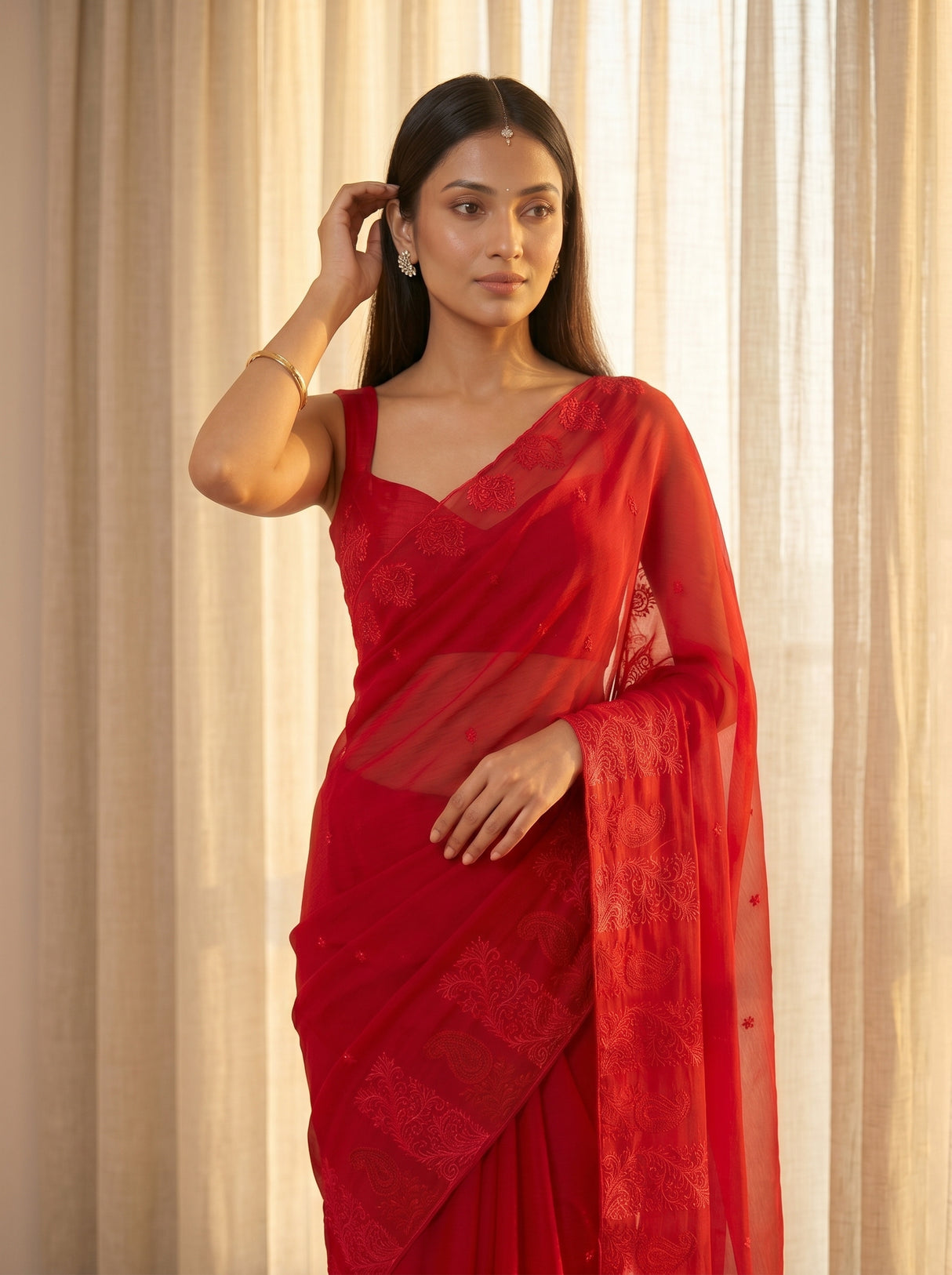 MIMOSA Red Saree Saree — pose 10 styling detail