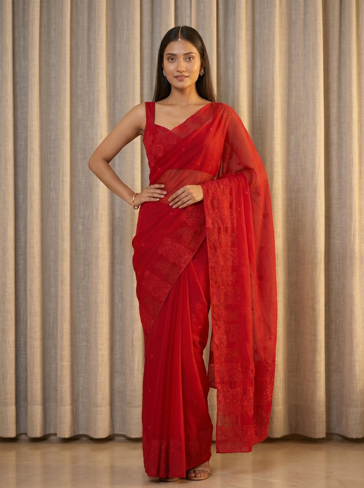 MIMOSA Red Saree Saree — pose 4 styling detail