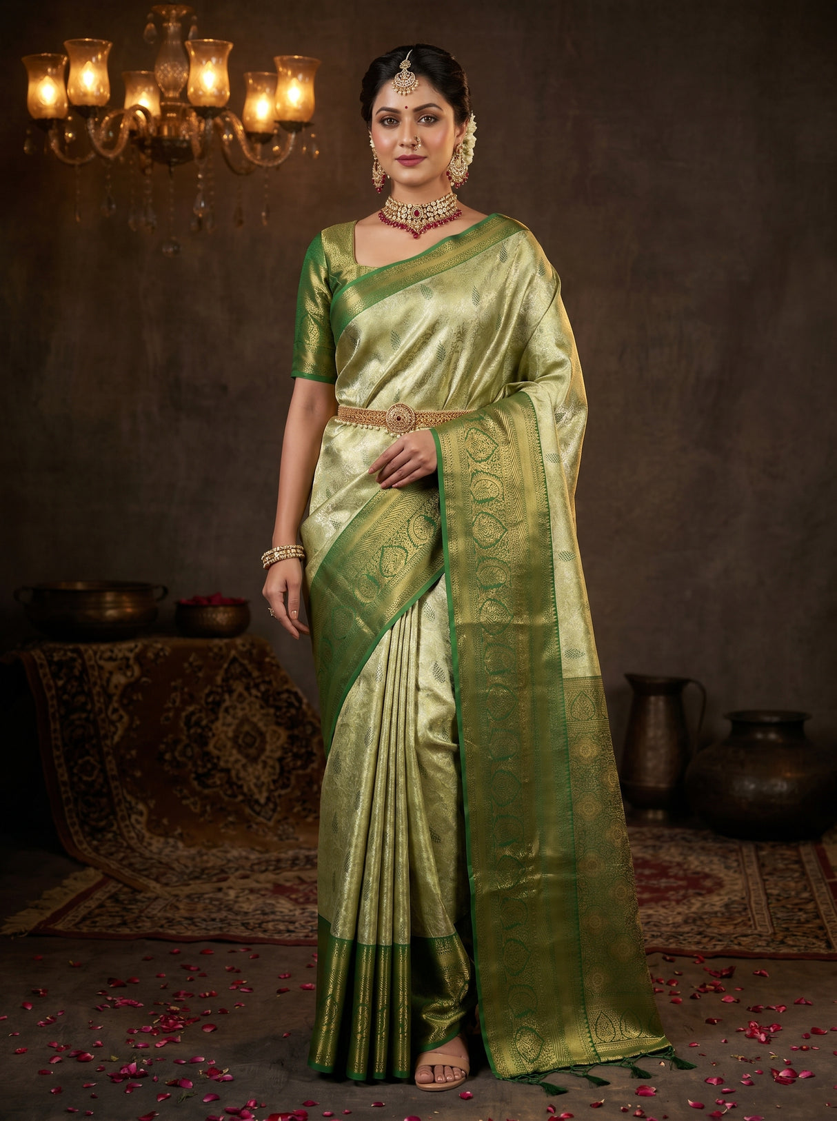 MIMOSA Olive Kanjivaram Art Silk Saree — Mannequin Draped View