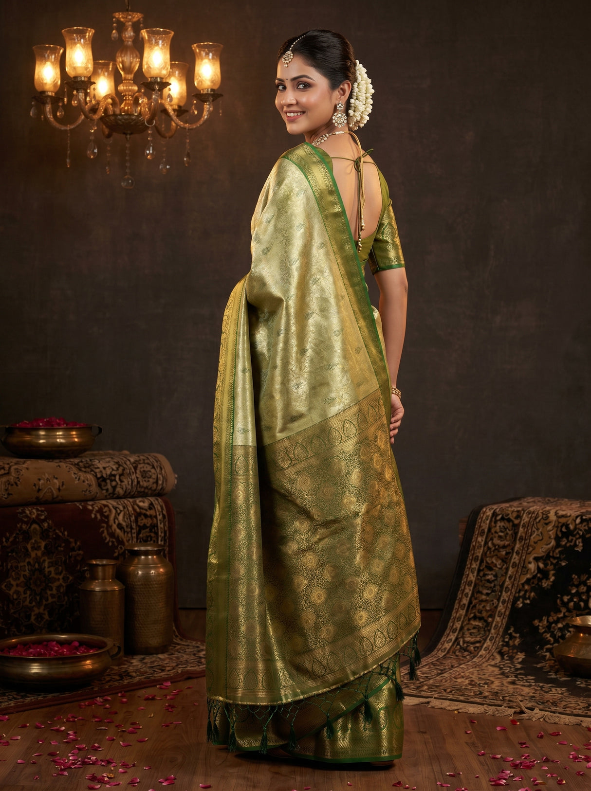 MIMOSA Olive Kanjivaram Art Silk Saree — pose 9 styling detail