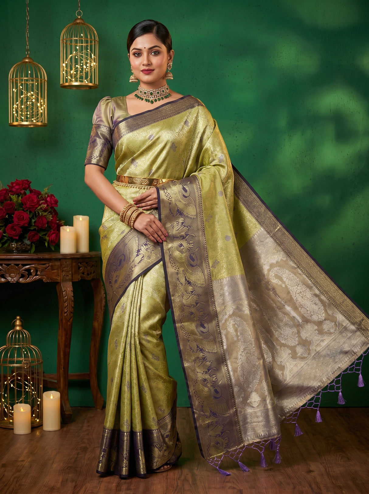 MIMOSA Olive Kanjivaram Art Silk Saree — Model Pose