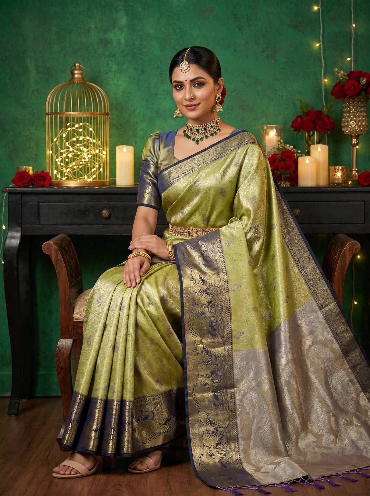 MIMOSA Olive Kanjivaram Art Silk Saree — pose 8 styling detail
