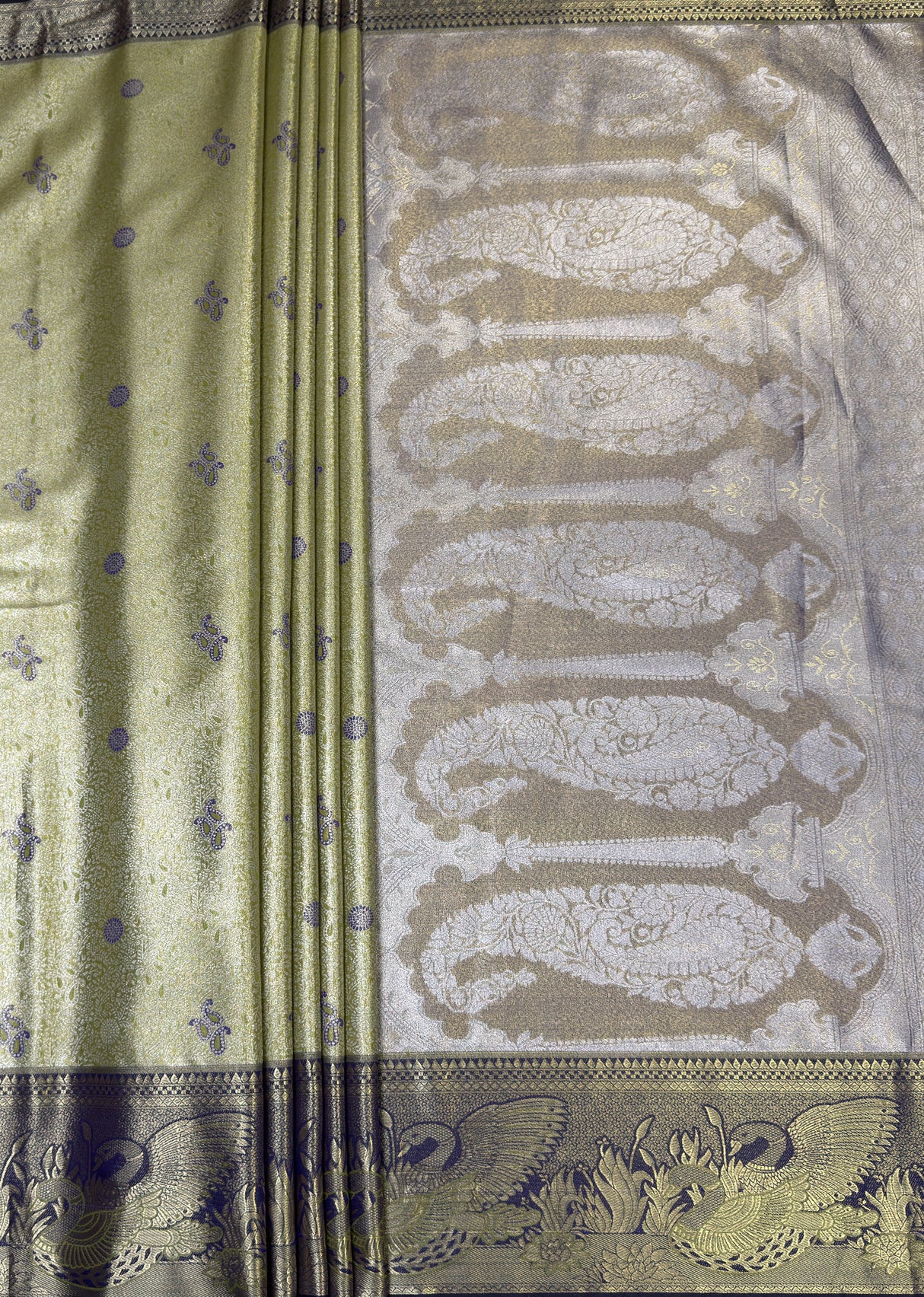 MIMOSA Olive Kanjivaram Art Silk Saree — pallu and zari work detail
