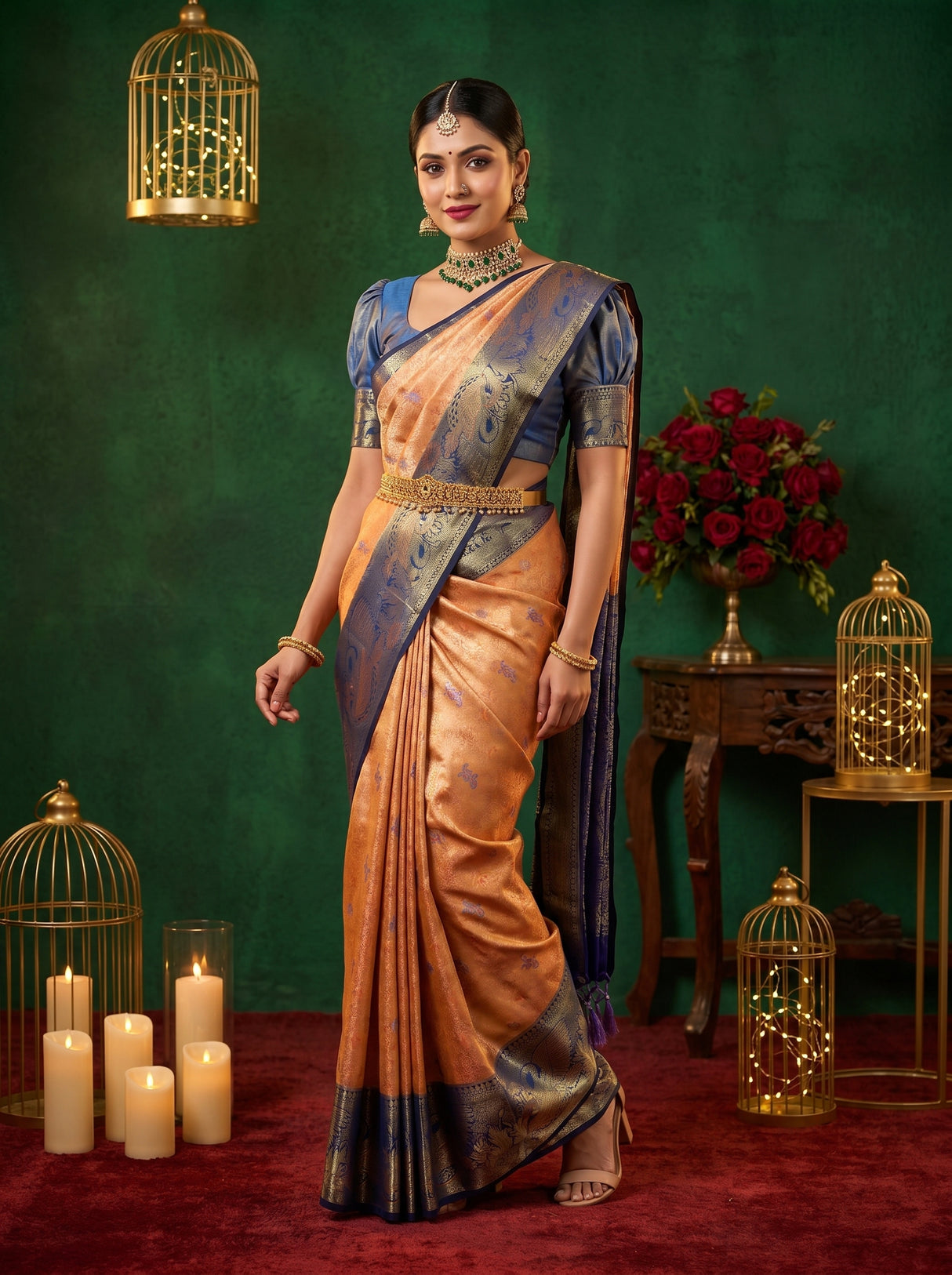 MIMOSA Orange Kanjivaram Art Silk Saree — Blouse Fabric Detail