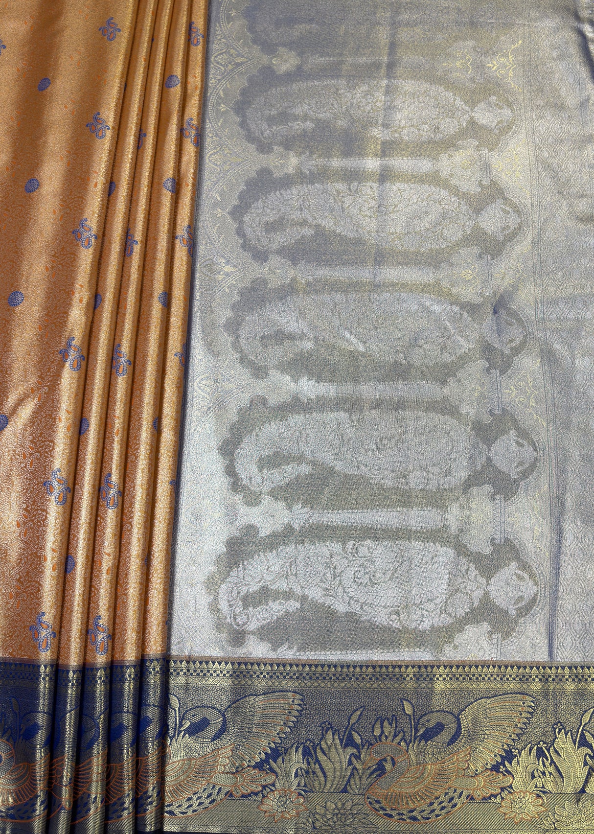 MIMOSA Orange Kanjivaram Art Silk Saree — pallu and zari work detail