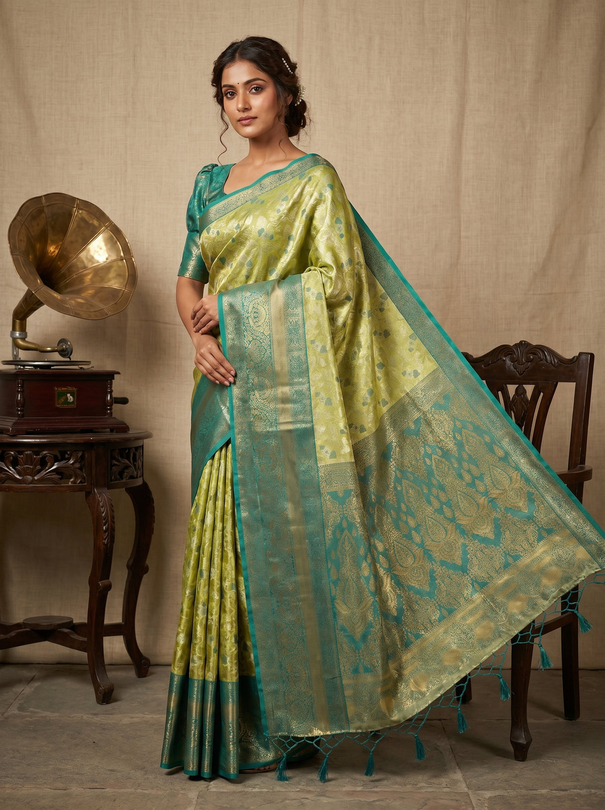 MIMOSA Olive Kanjivaram Art Silk Saree — pose 6 styling detail