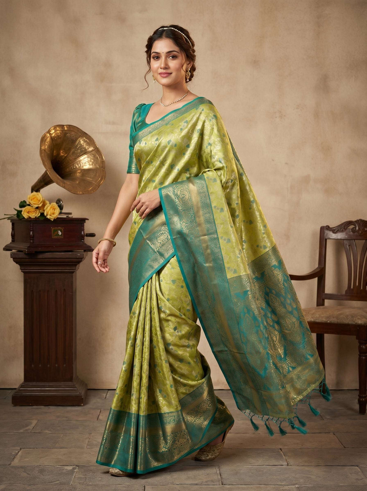MIMOSA Olive Kanjivaram Art Silk Saree — pose 7 styling detail