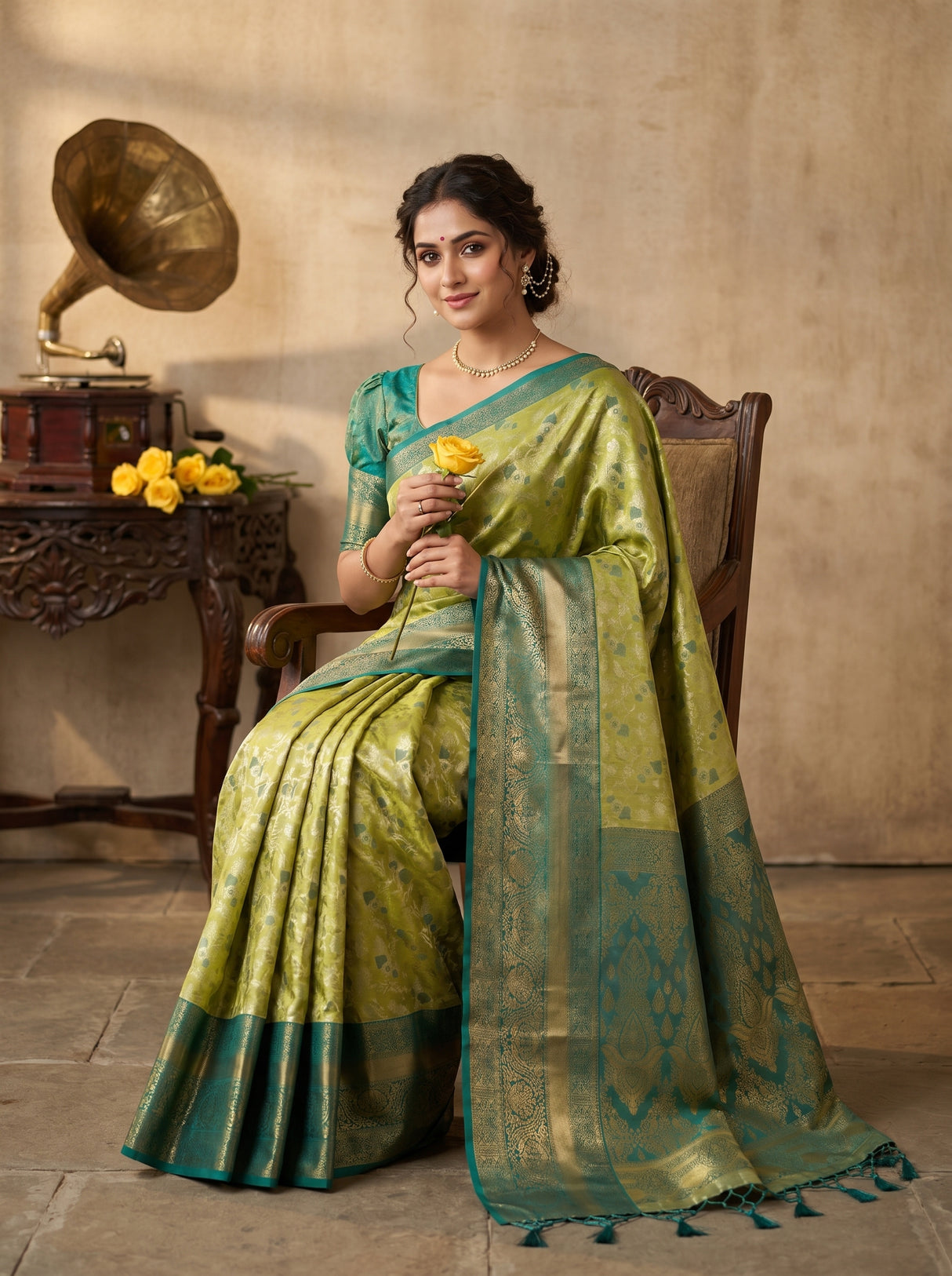 MIMOSA Olive Kanjivaram Art Silk Saree — pose 8 styling detail