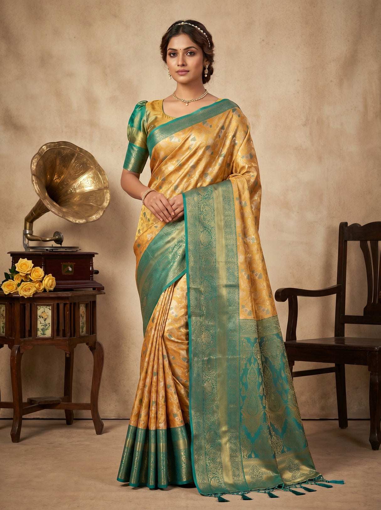 MIMOSA Orange Kanjivaram Art Silk Saree — Mannequin Draped View