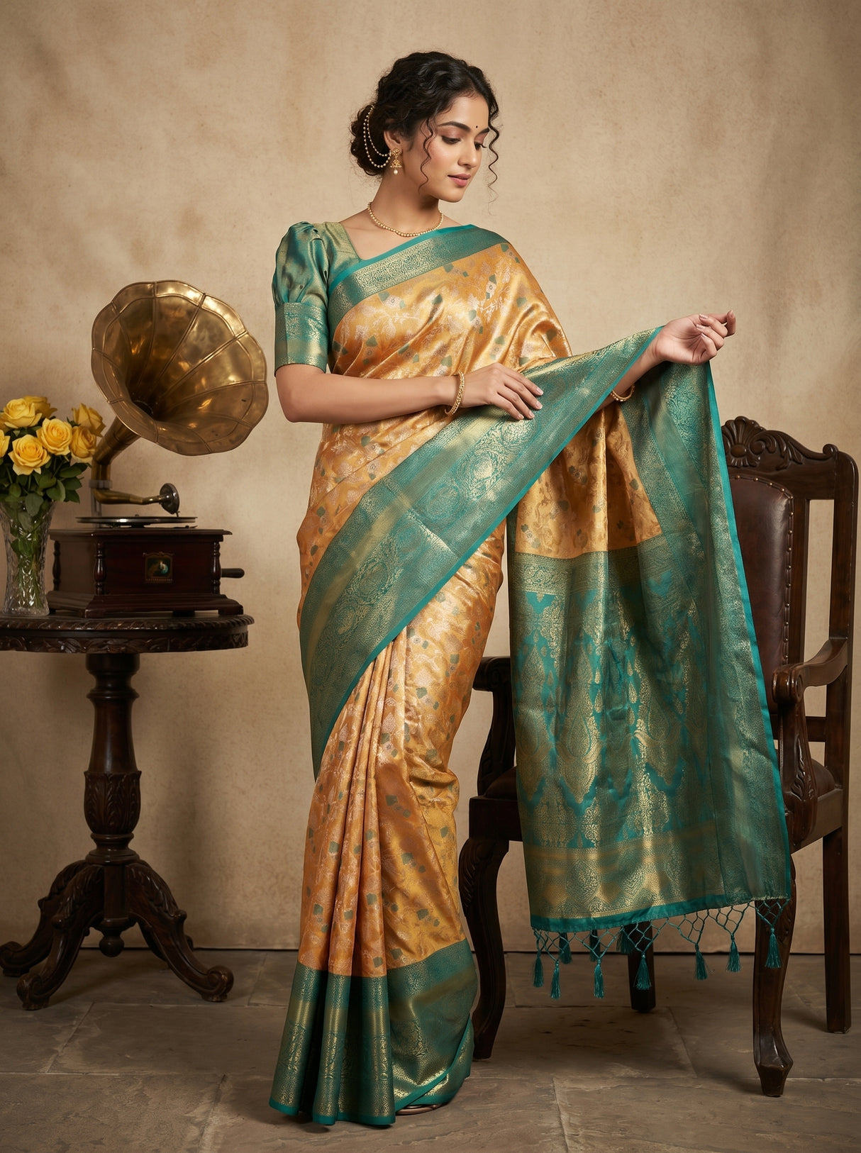 MIMOSA Orange Kanjivaram Saree — Full View on Model