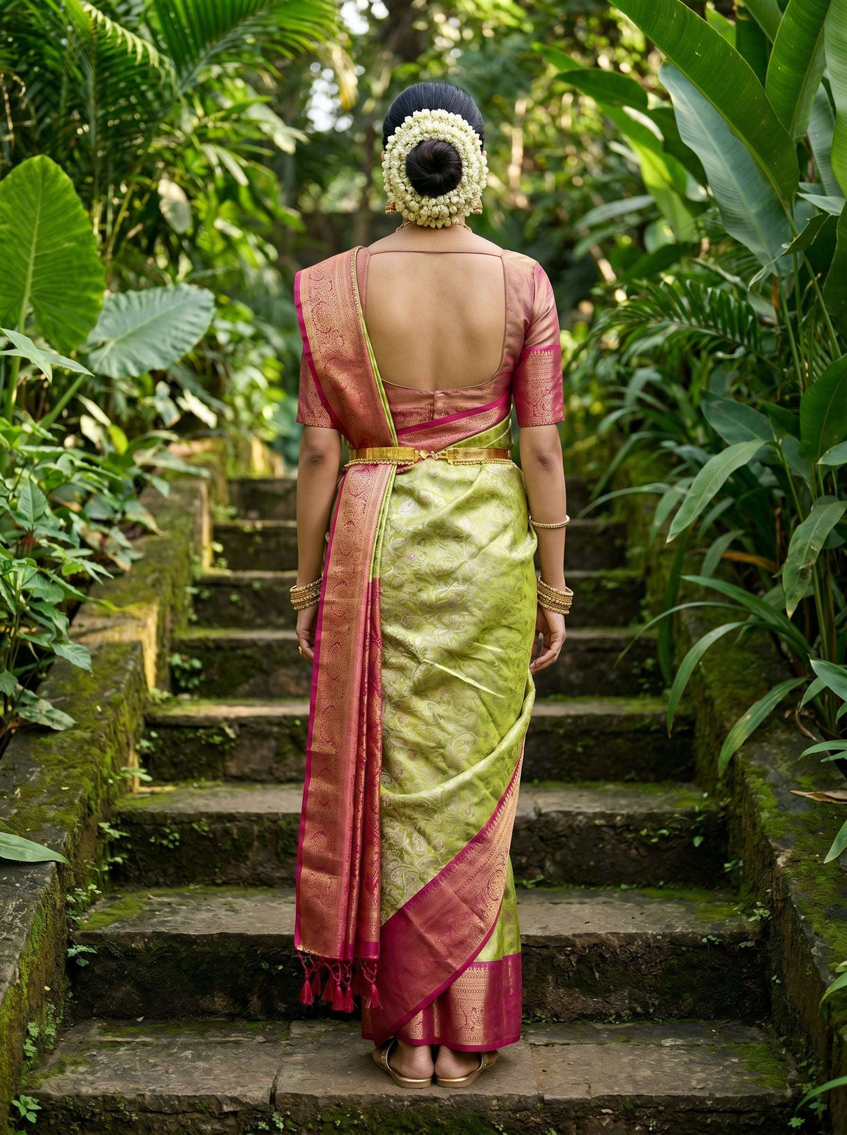 MIMOSA Olive Kanjivaram Art Silk Saree — Unstitched Blouse Piece