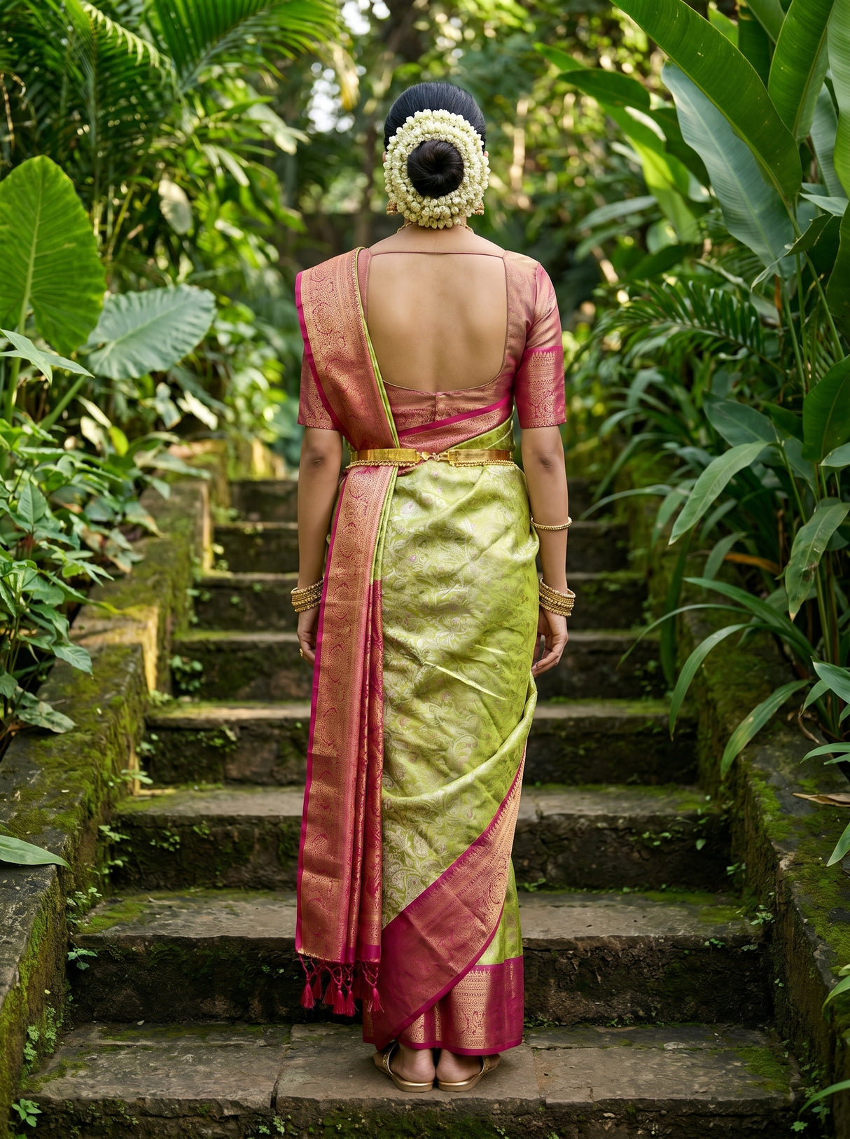 MIMOSA Olive Kanjivaram Art Silk Saree — Unstitched Blouse Piece