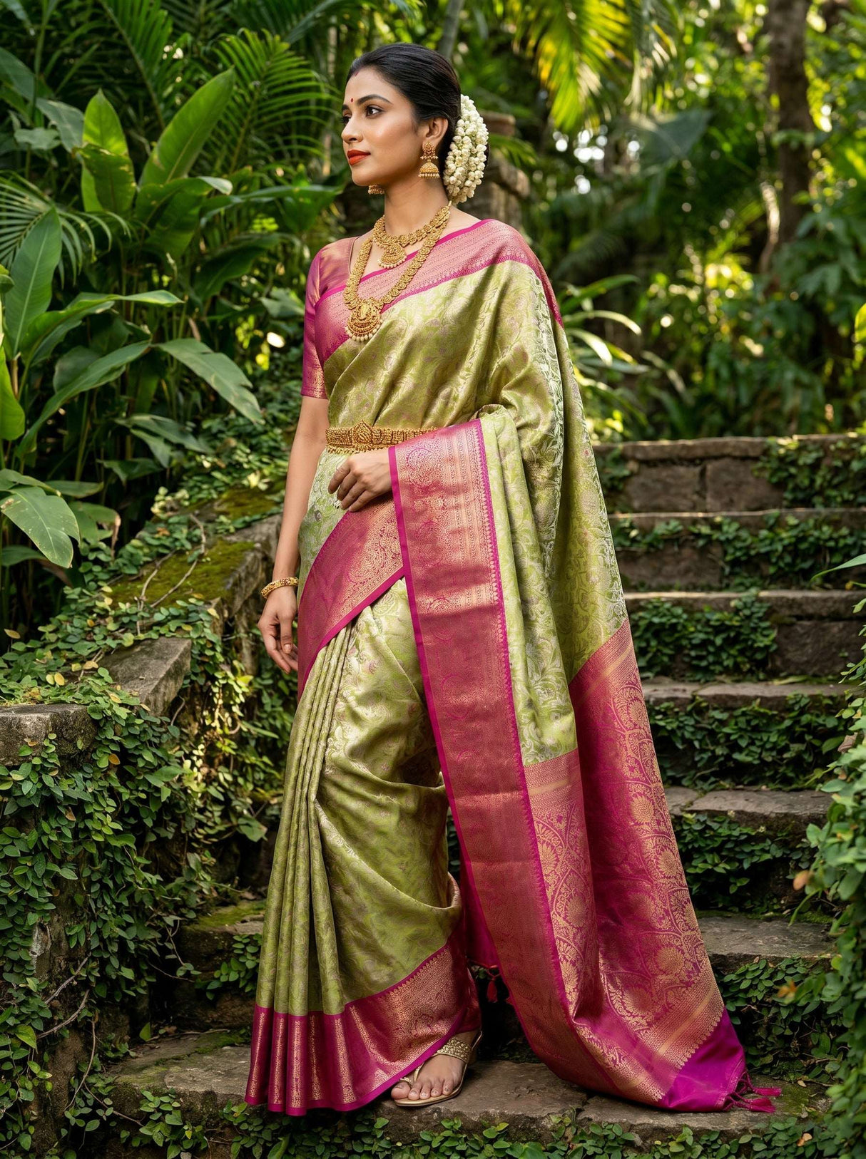 MIMOSA Olive Kanjivaram Art Silk Saree — Full View on Model