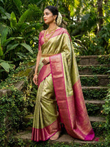 MIMOSA Olive Kanjivaram Art Silk Saree — Full View on Model
