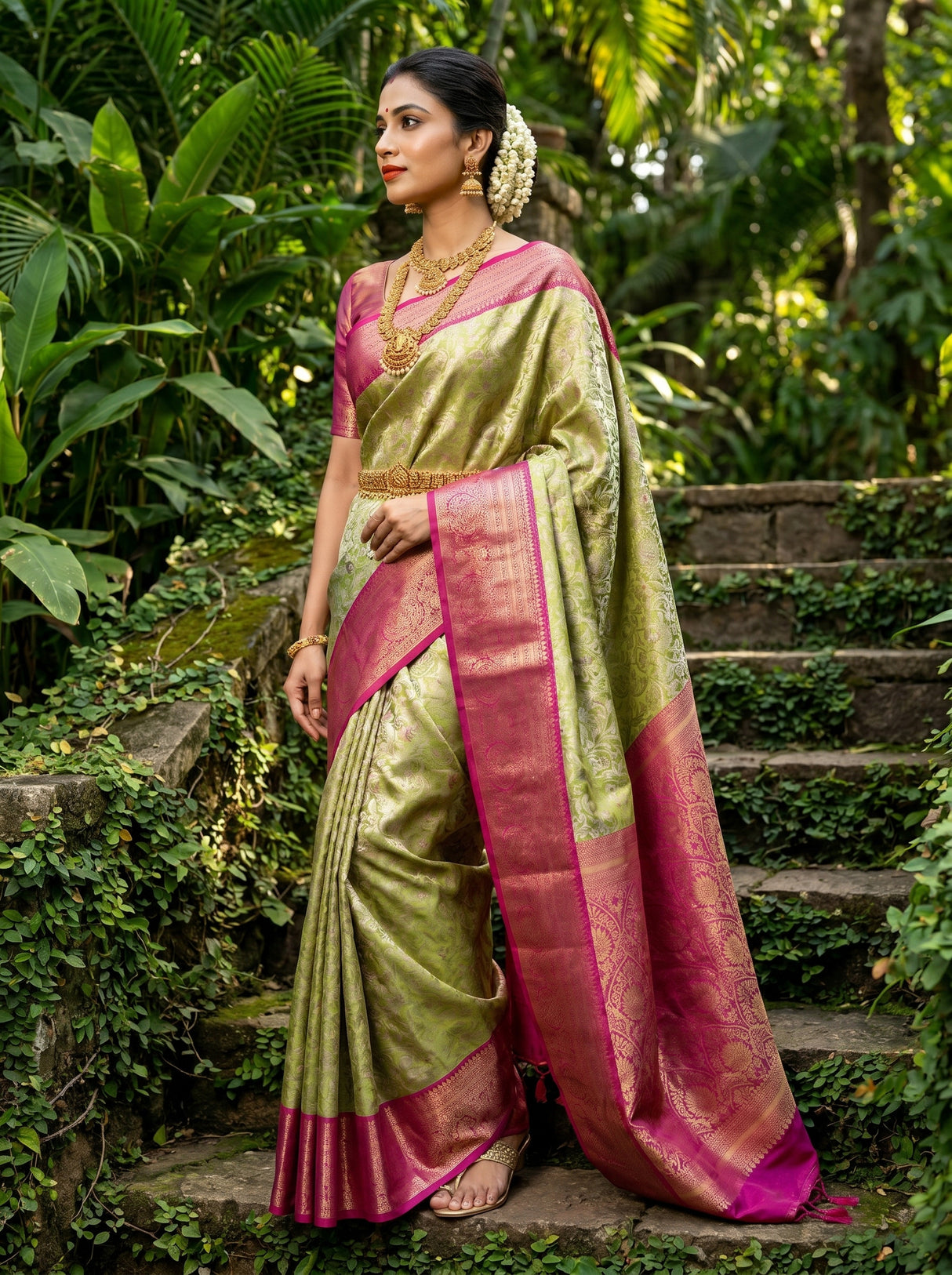 MIMOSA Olive Kanjivaram Art Silk Saree — Full View on Model