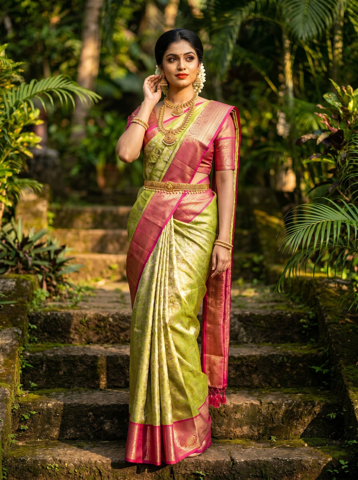 MIMOSA Olive Kanjivaram Art Silk Saree — pose 8 styling detail