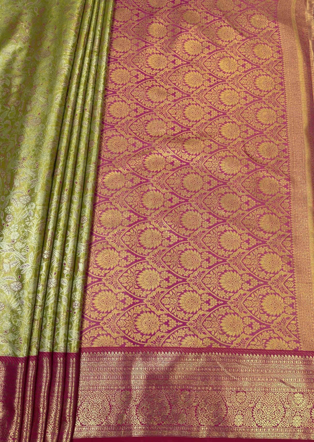 MIMOSA Olive Kanjivaram Art Silk Saree — pallu and zari work detail
