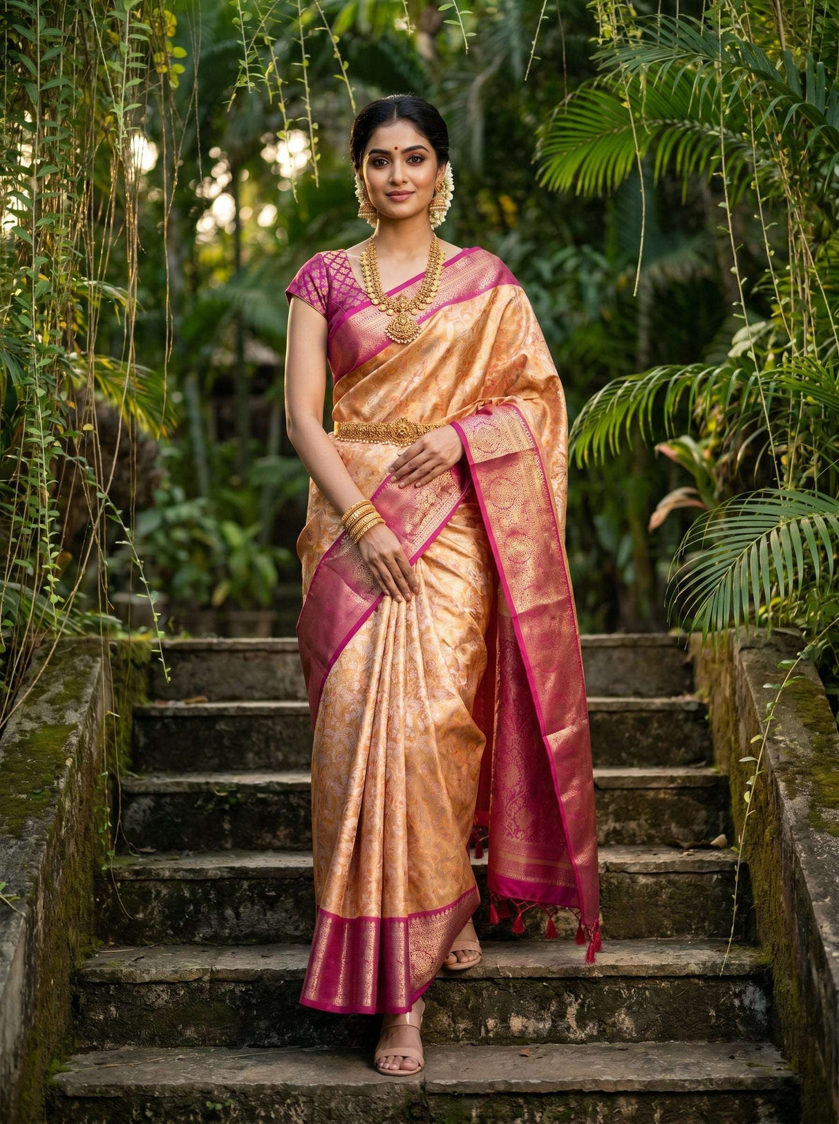 MIMOSA Orange Kanjivaram Art Silk Saree — Full View on Model