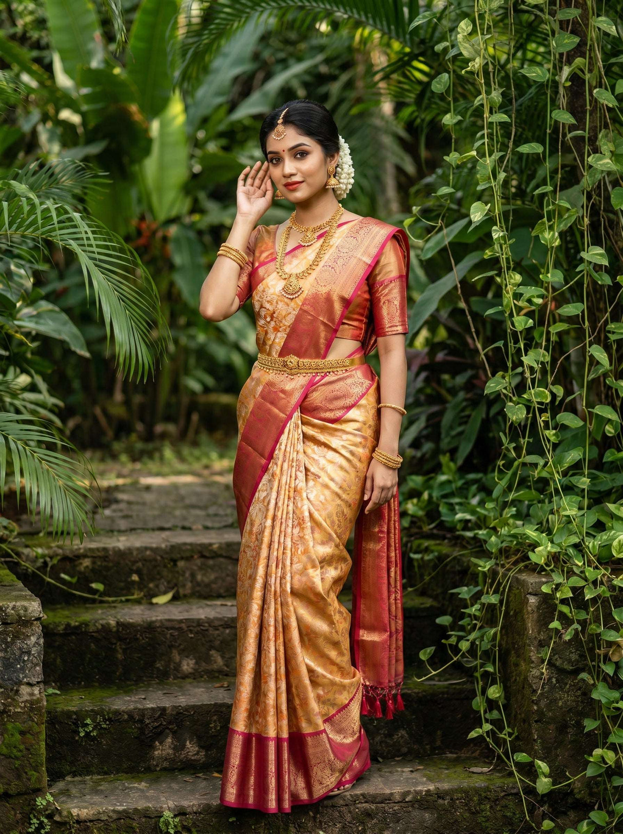 MIMOSA Orange Kanjivaram Art Silk Saree — pose 8 styling detail