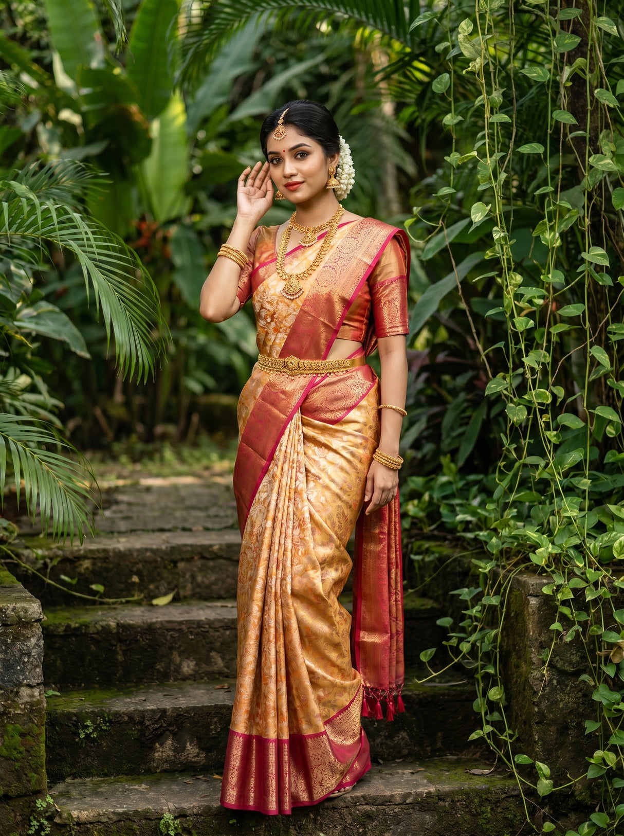 MIMOSA Orange Kanjivaram Art Silk Saree — pose 8 styling detail
