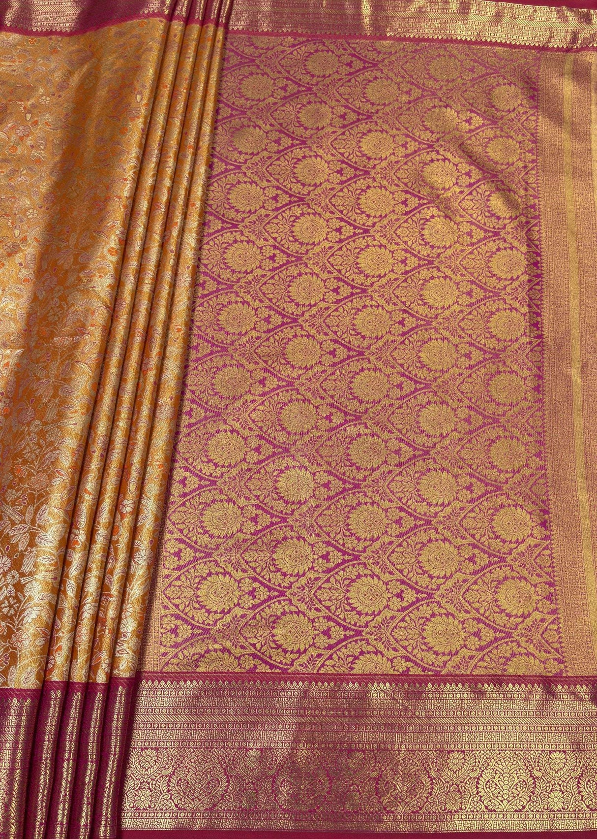MIMOSA Orange Kanjivaram Art Silk Saree — pallu and zari work detail