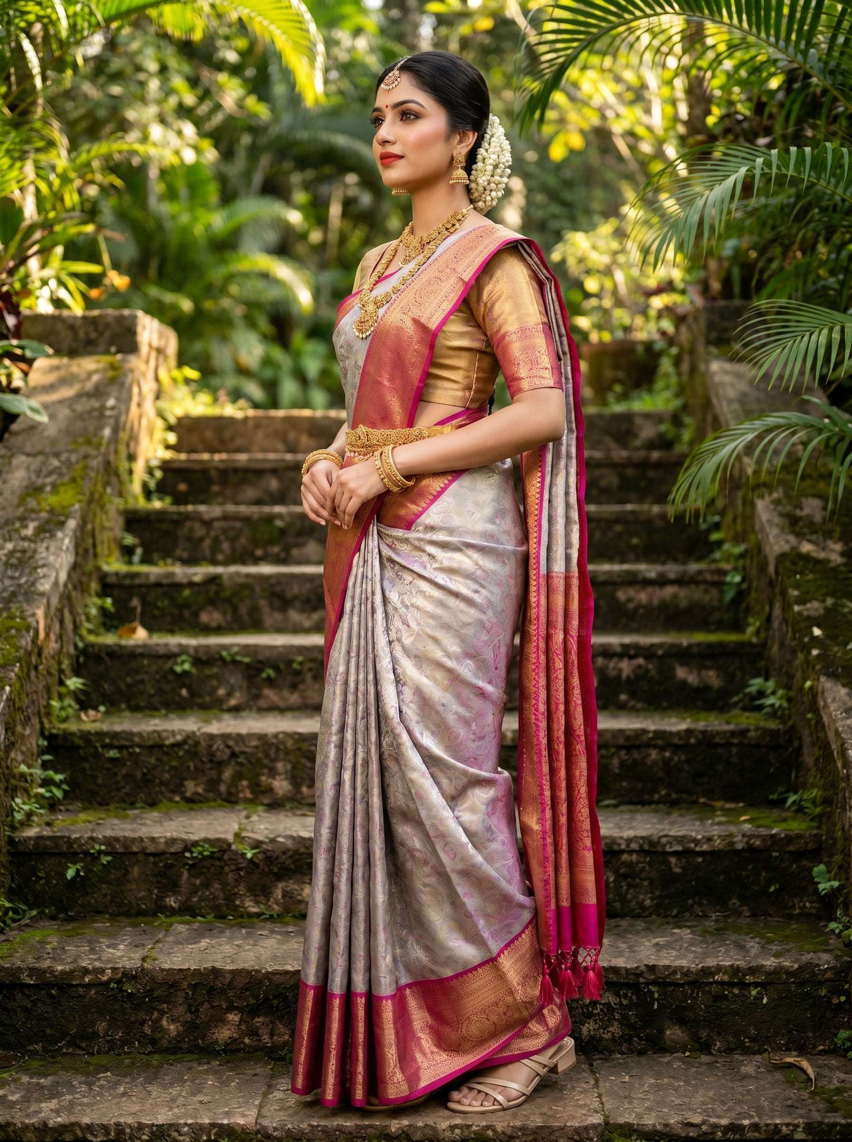 MIMOSA Violet Kanjivaram Art Silk Saree — Full View on Model