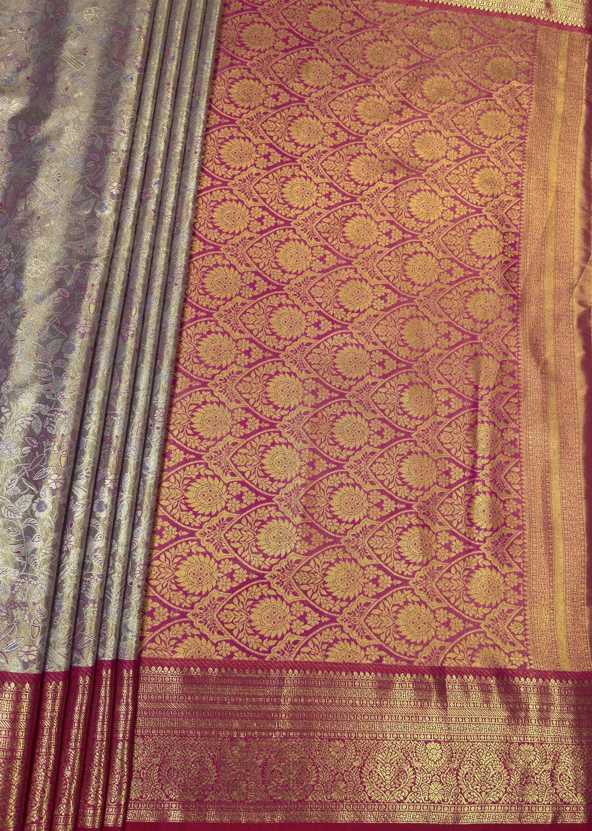 MIMOSA Violet Kanjivaram Art Silk Saree — pallu and zari work detail