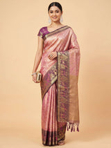 MIMOSA Gajari Kanjivaram Art Silk Saree — Mannequin draped view showing pallu and border