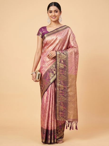 MIMOSA Gajari Kanjivaram Art Silk Saree — Mannequin draped view showing pallu and border