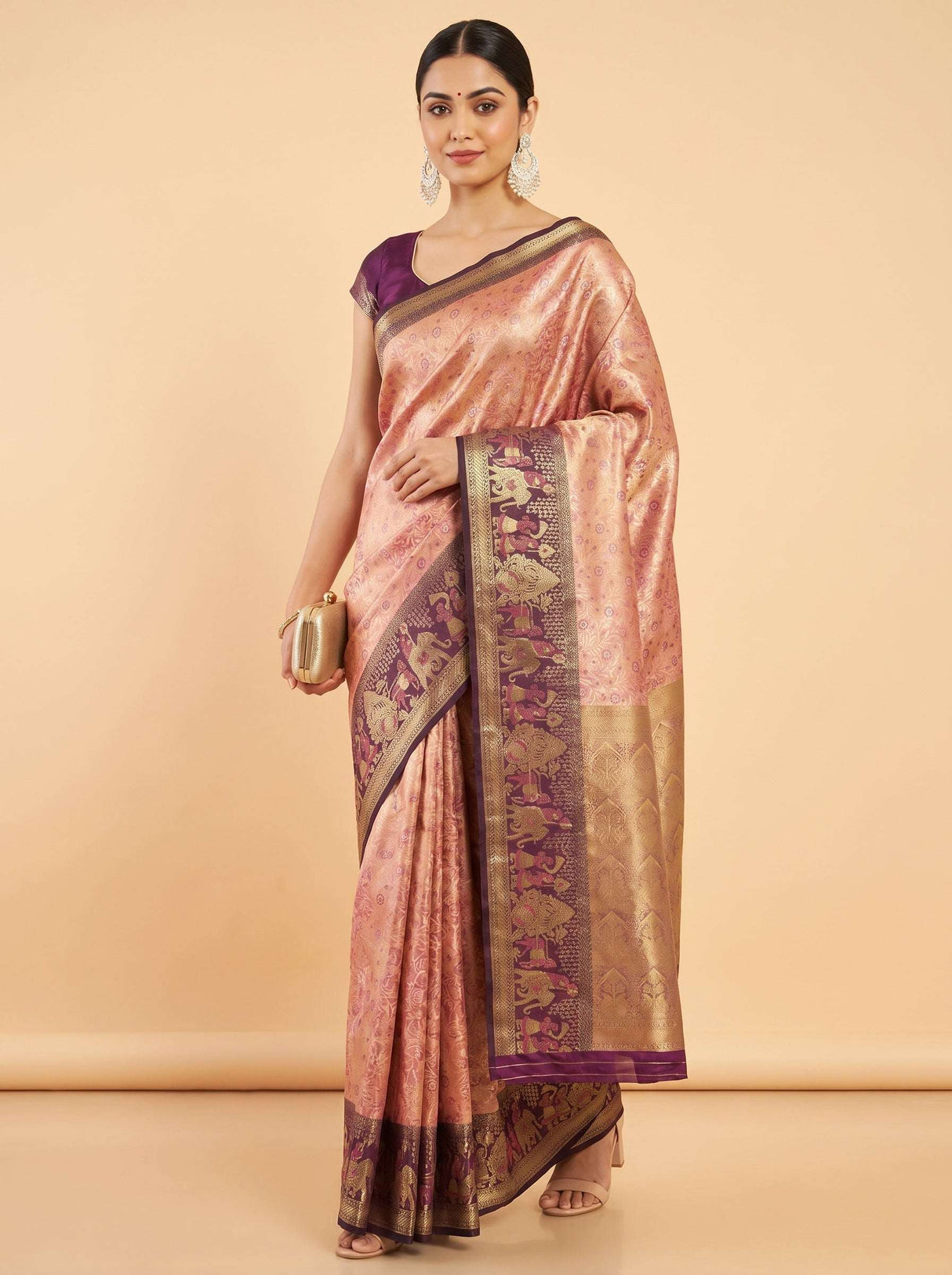 MIMOSA Gajari Kanjivaram Art Silk Saree — Model posing full length