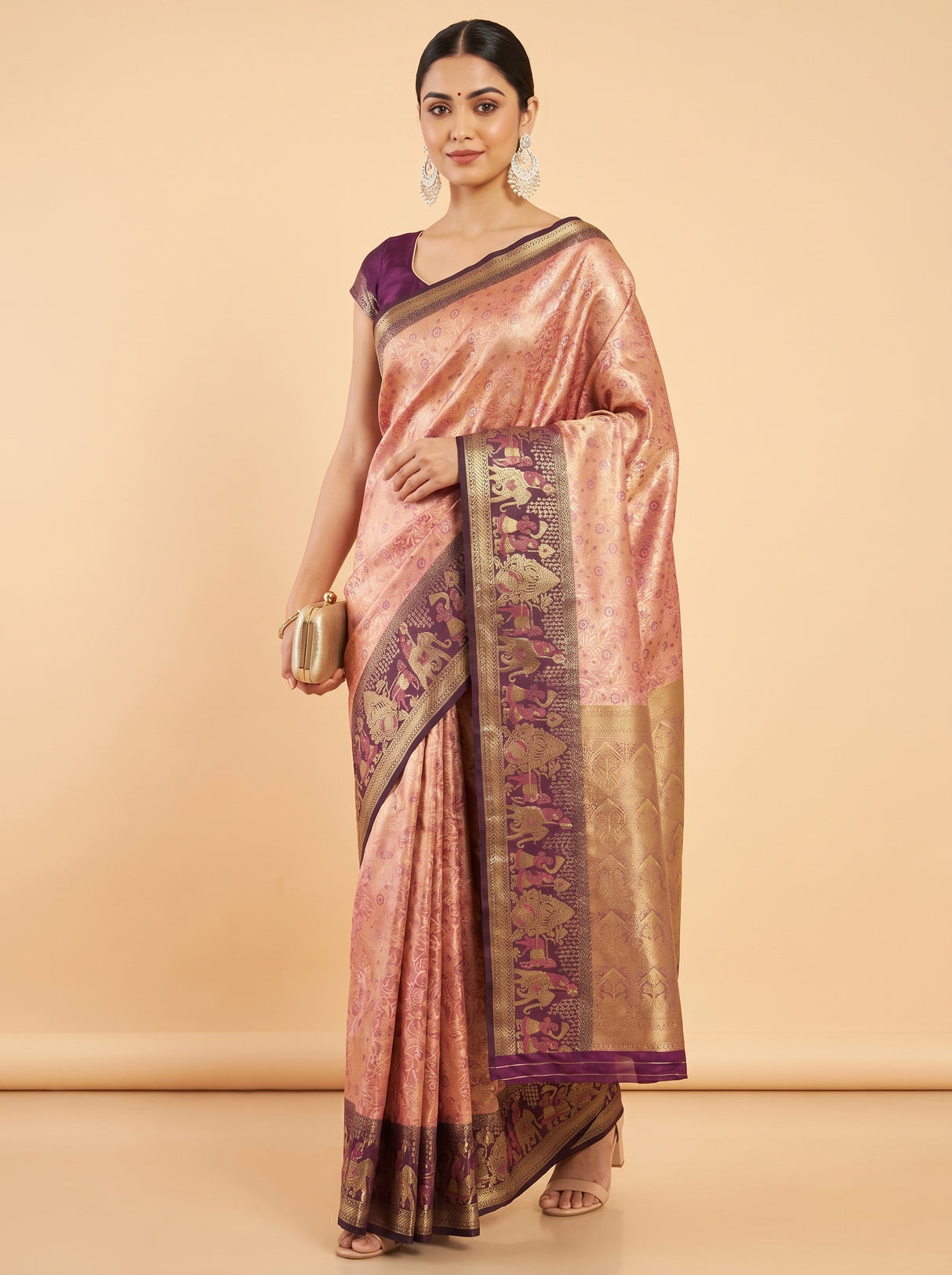 MIMOSA Gajari Kanjivaram Art Silk Saree — Model posing full length