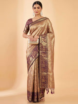 MIMOSA Maroon Kanjivaram Art Silk Saree — Mannequin draped view showing pallu and border