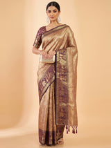 MIMOSA Maroon Kanjivaram Art Silk Saree — Mannequin draped view showing pallu and border