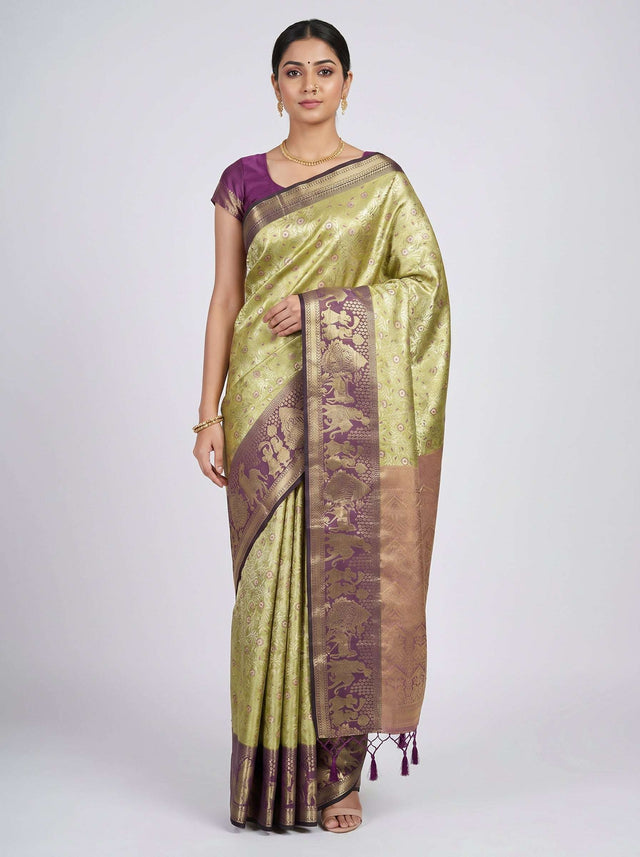 MIMOSA Olive Kanjivaram Art Silk Saree — Mannequin draped view showing pallu and border