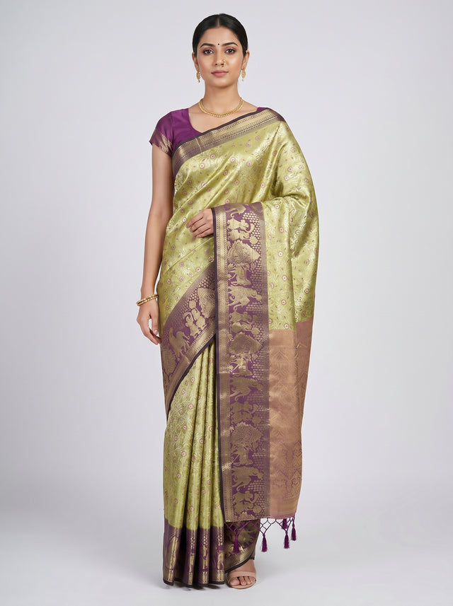 MIMOSA Olive Kanjivaram Art Silk Saree — Mannequin draped view showing pallu and border