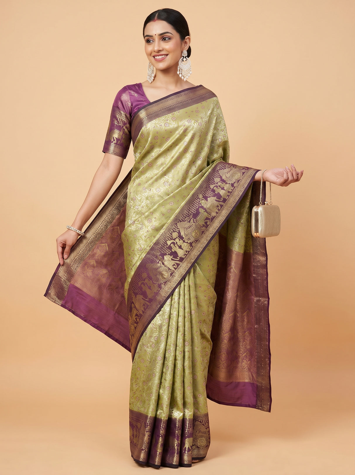 MIMOSA Olive Kanjivaram Art Silk Saree — pose 8 styling detail