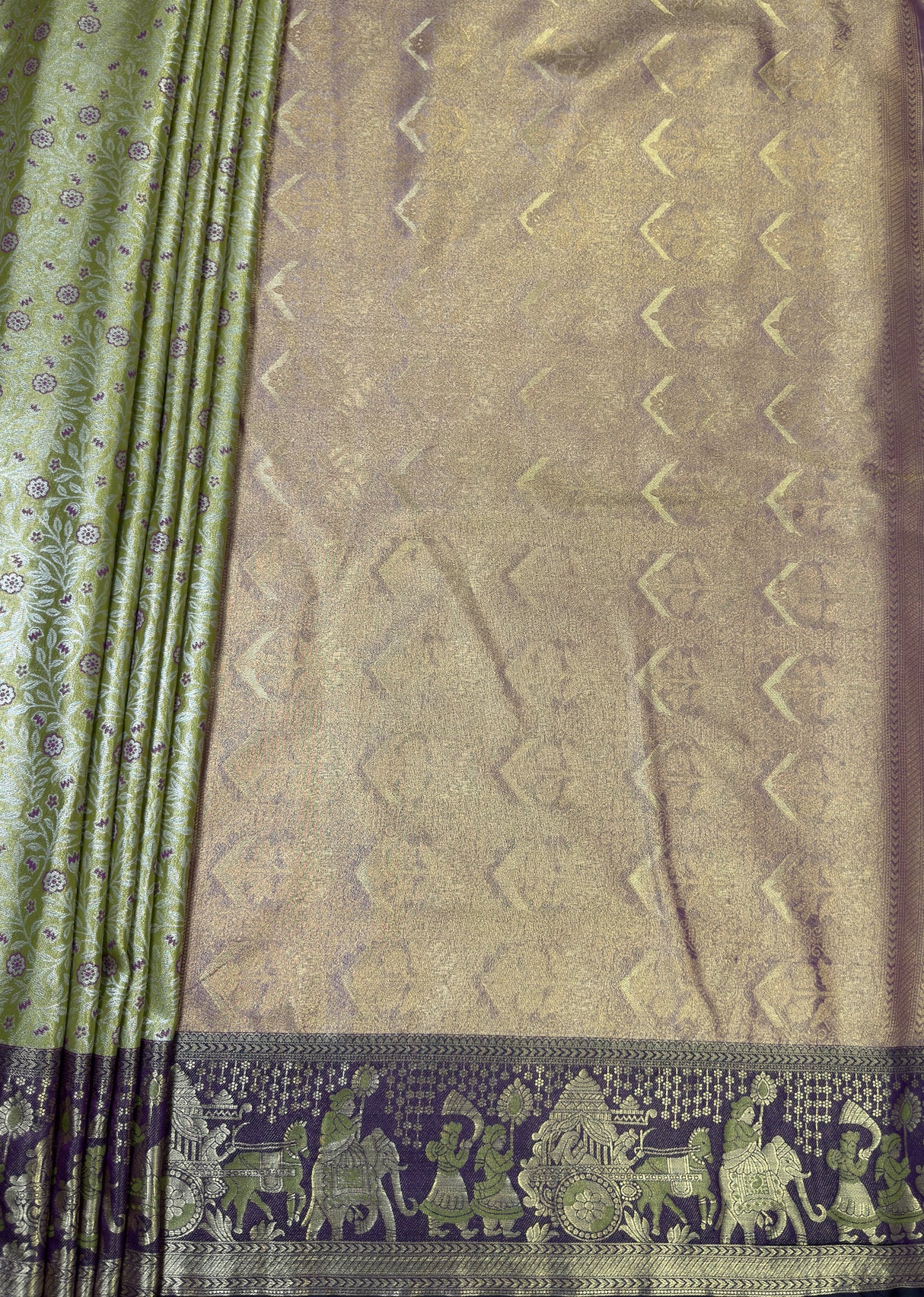 MIMOSA Olive Kanjivaram Art Silk Saree — pallu and zari work detail