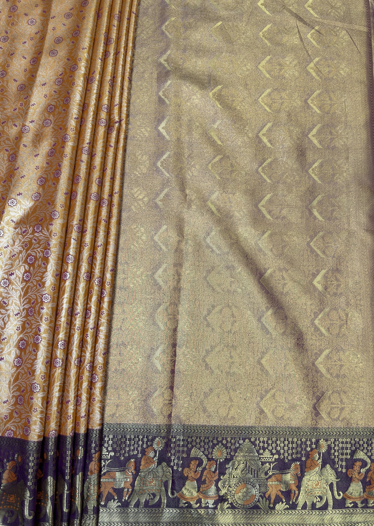 MIMOSA Orange Kanjivaram Art Silk Saree — pallu and zari work detail