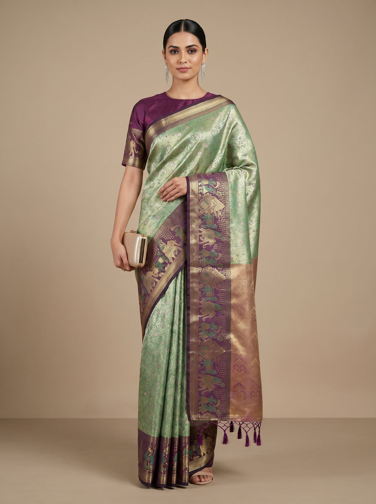 MIMOSA Rama Kanjivaram Art Silk Saree — Mannequin draped view showing pallu and border