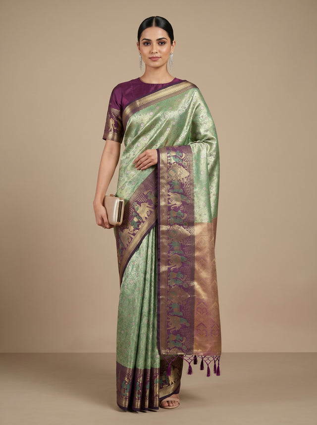 MIMOSA Rama Kanjivaram Art Silk Saree — Mannequin draped view showing pallu and border