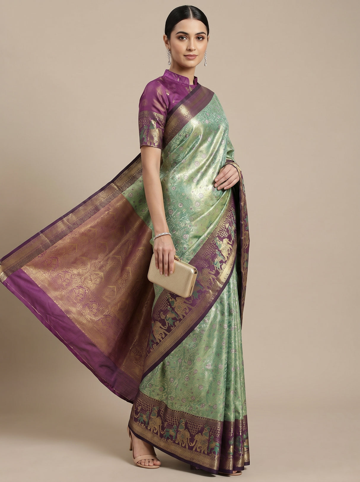 MIMOSA Rama Kanjivaram Art Silk Saree — Model posing full length